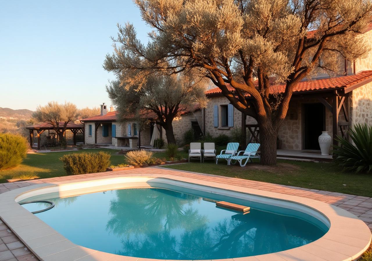 Olive grove and pool at golden hour