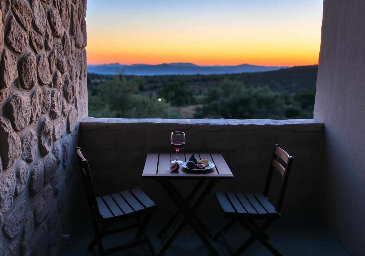 Studio terrace at dusk — wine, figs, the karst hills